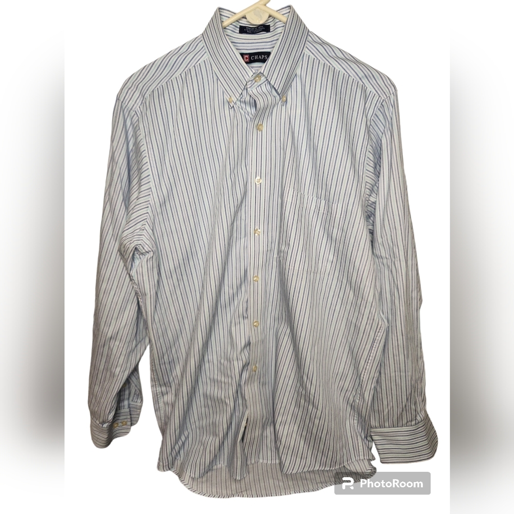 Chaps Men’s Button Up Collared Striped Shirt Size 16-16.5 White Blue Size L